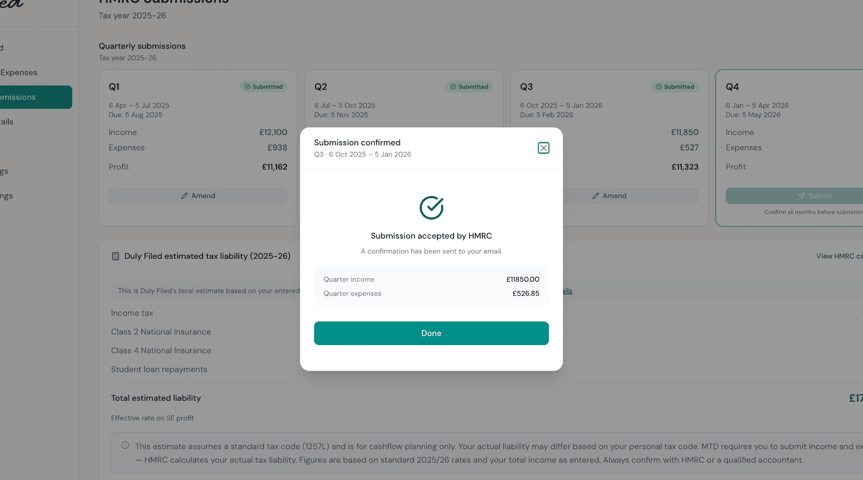 HMRC submission confirmation in Duly Filed